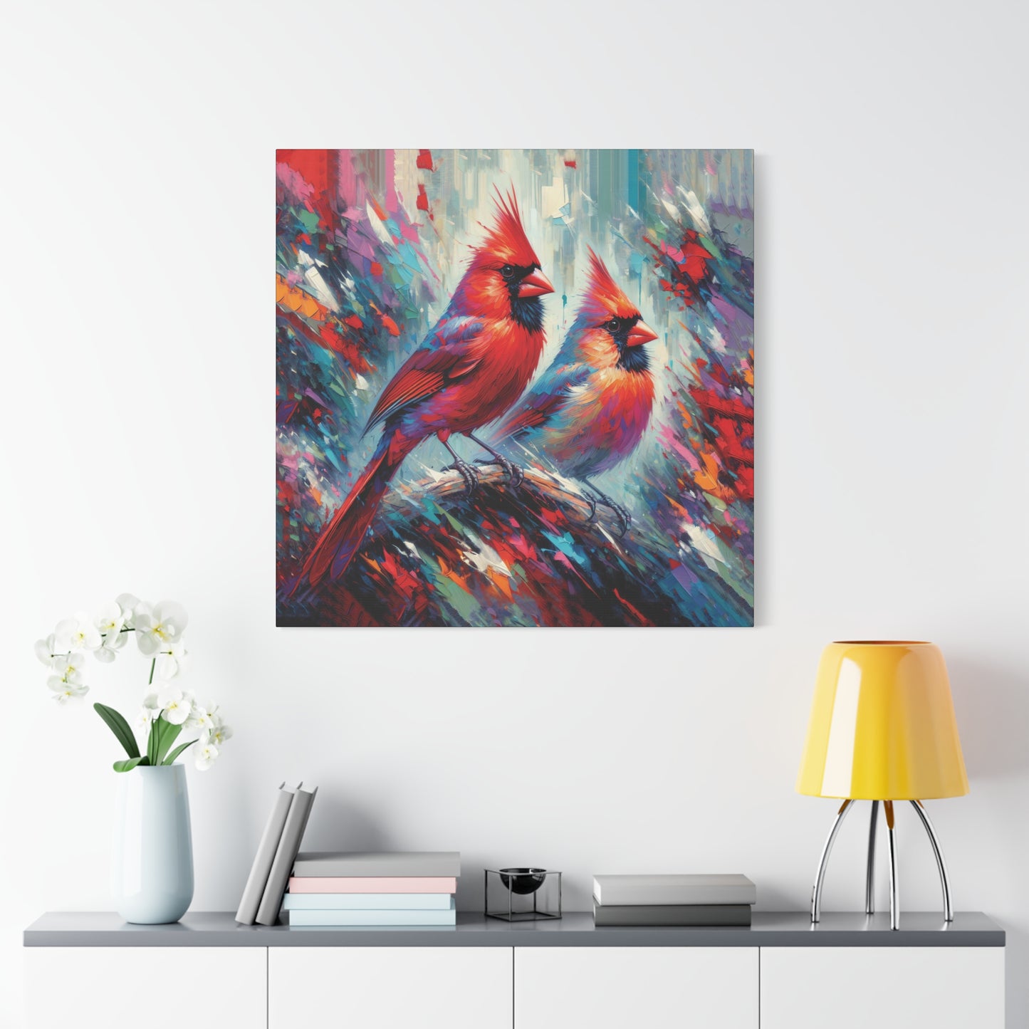 Early Winter Cardinal Pair Expressionist Canvas Wall Art