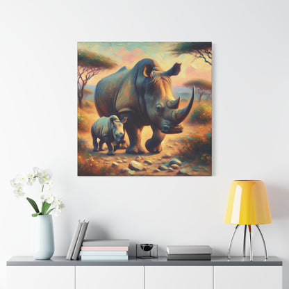 Rhino with Baby Impressionist Canvas Wall Art