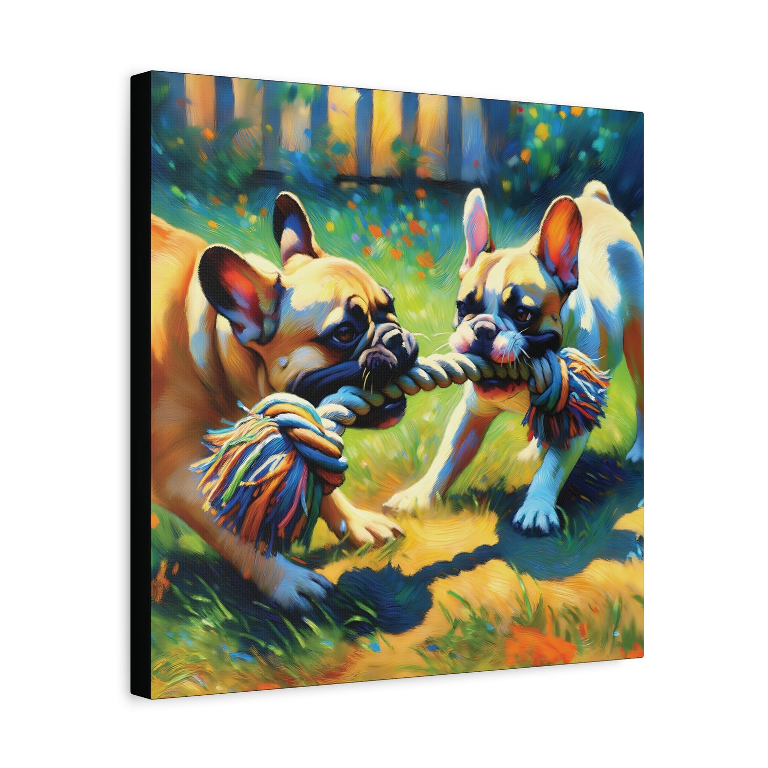 Canvas print of two dogs playing with a rope toy in an outdoor setting