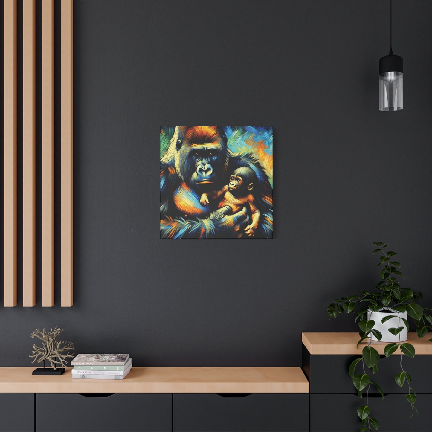 Gorilla Holding Baby Expressionist Canvas Art Print