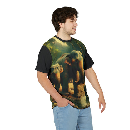 Asiatic Elephant Herd at Watering Hole Vibrant Art Tee | Colorful Unisex Cut & Sew T-Shirt, Wildlife Apparel, Unique Graphic Tee, Birthday Gift