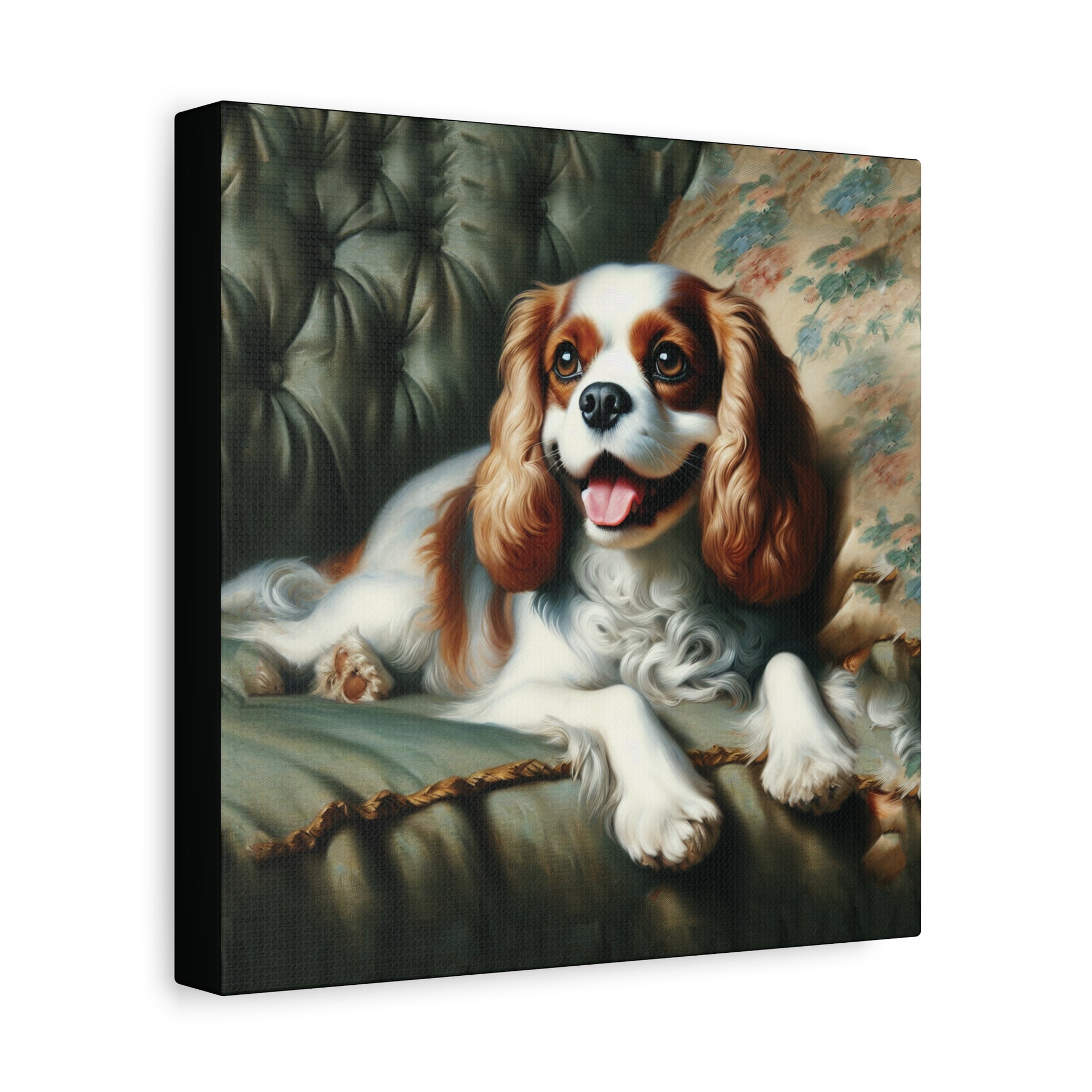 Canvas print of a cavalier King Charles Spaniel dog lying on a patterned couch