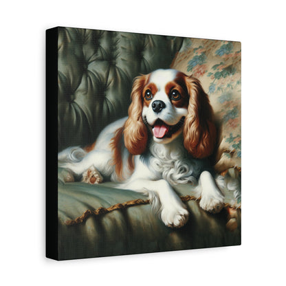 Canvas print of a cavalier King Charles Spaniel dog lying on a patterned couch