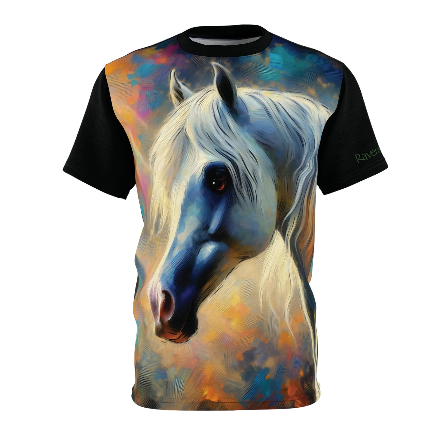 T-shirt with a colorful horse design on a white background