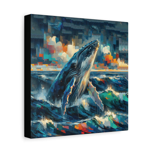 Canvas print of a whale emerging from water with colorful abstract seascape in the background