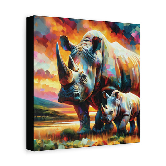 Rhinos at Sunset Expressionist Canvas Art Print