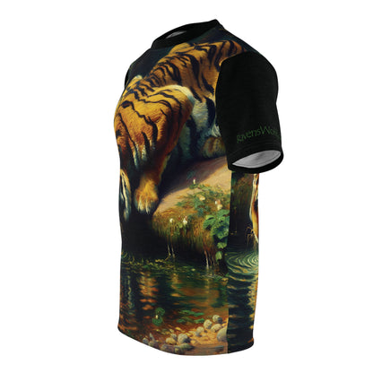 Tiger Drinking Vibrant Art Tee | Colorful Unisex Cut & Sew T-Shirt, Wildlife Apparel, Unique Graphic Tee, Birthday Gift