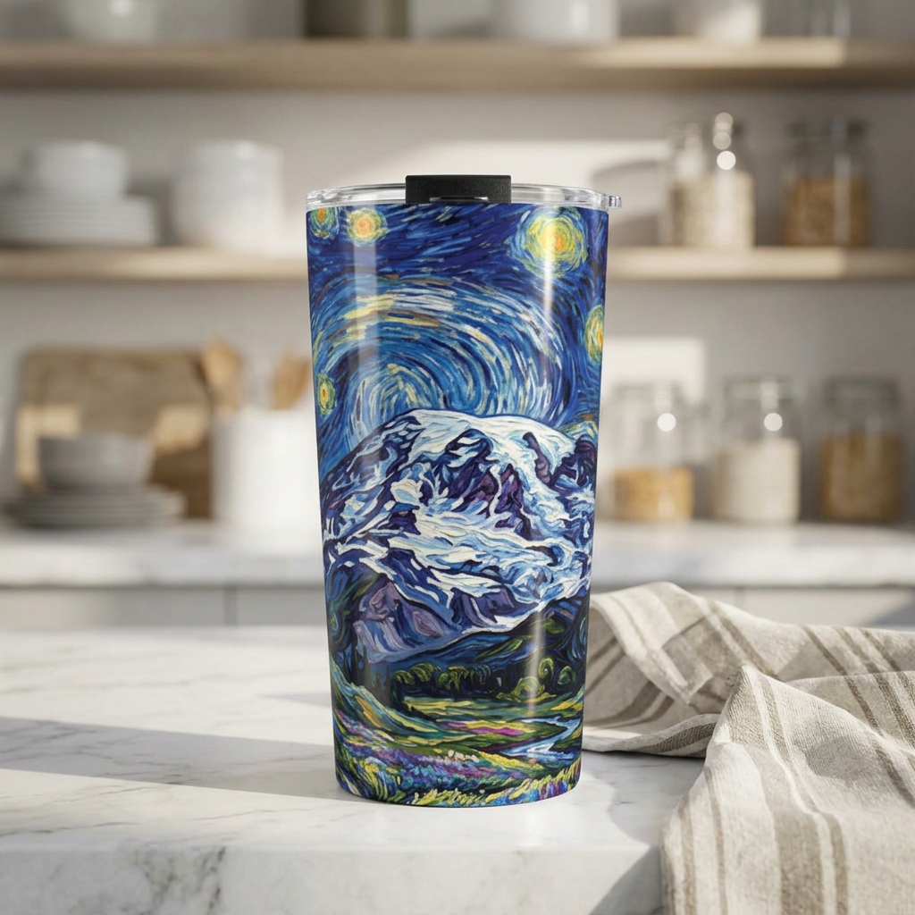 20oz Starry Night Mt Rainier Tumbler — Insulated Travel Cup with Van Gogh Style Landscape