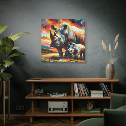 Rhinos at Sunset Expressionist Canvas Art Print