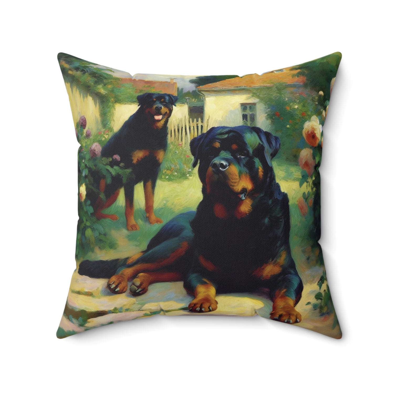Decorative pillow with a painting of two Rottweilers in a garden setting.