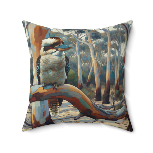 Decorative pillow with a kookaburra design on a forest background