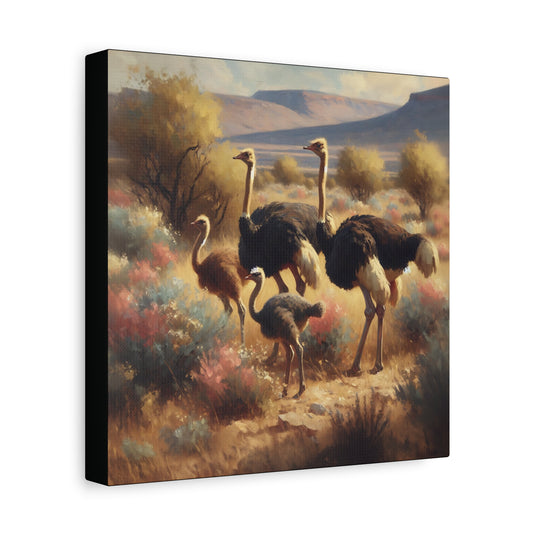Canvas print of ostriches in a natural landscape with mountains and trees.