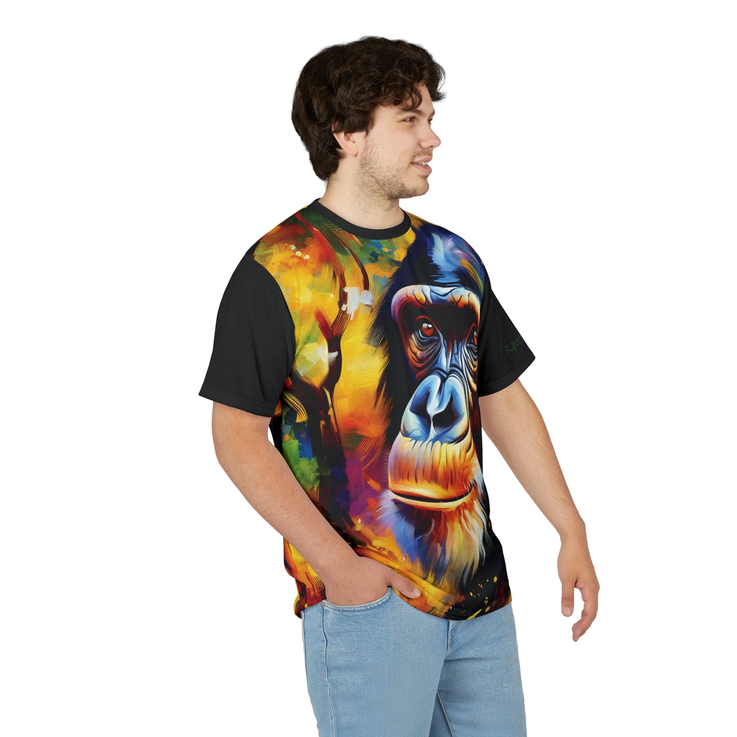 Curious Bonobo Vibrant Art Tee | Colorful Unisex Cut & Sew T-Shirt, Wildlife Apparel, Unique Graphic Tee, Birthday Gift
