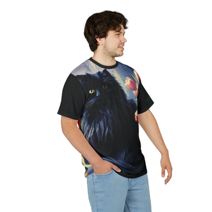 The Artist's Black Cat with Pink Tulips Vibrant Art Tee | Colorful Unisex Cut & Sew T-Shirt, Wildlife Apparel, Unique Graphic Tee, Birthday Gift