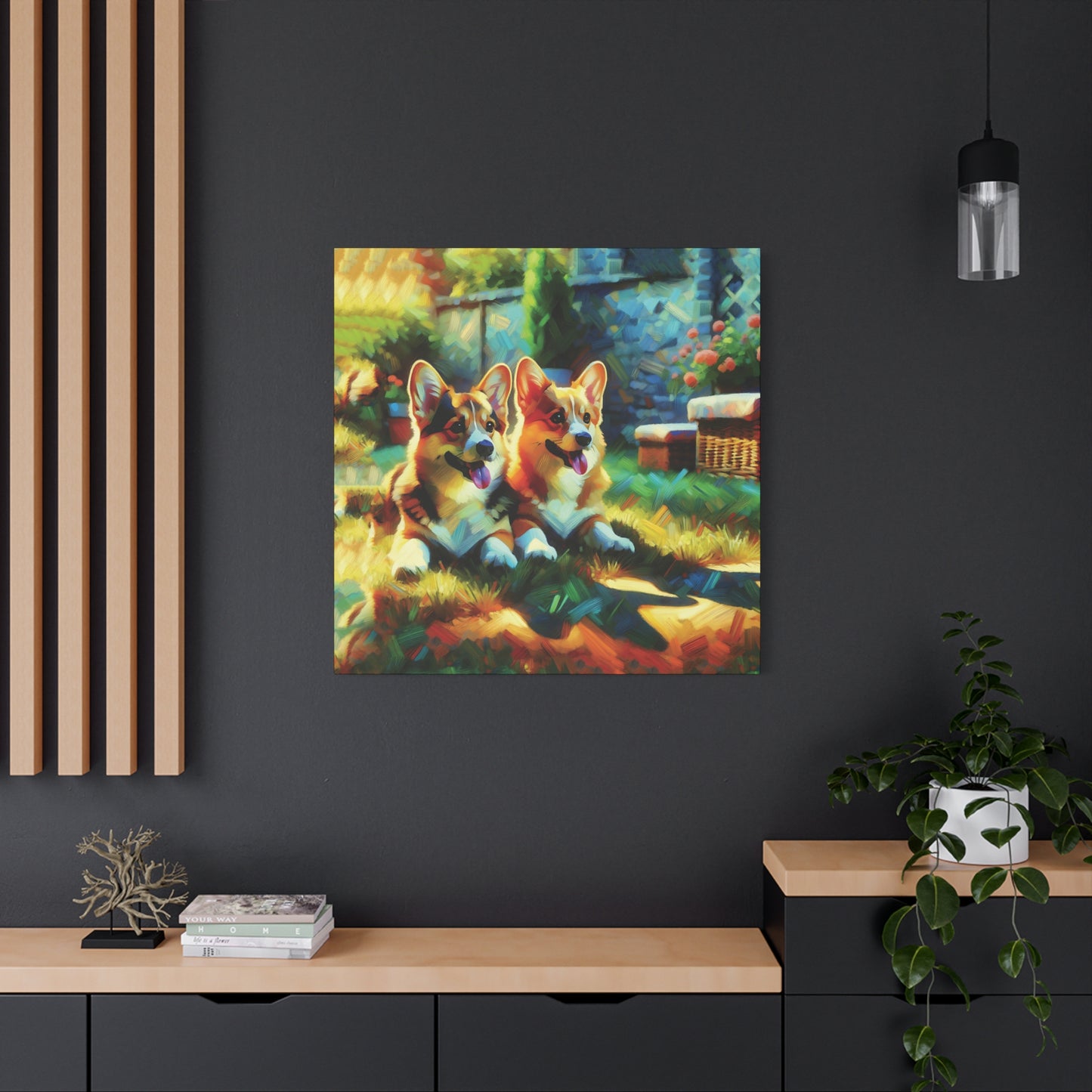 Canvas Wall Art - Pembroke Corgi Pair Resting in Garden - Contemporary Impressionist Print