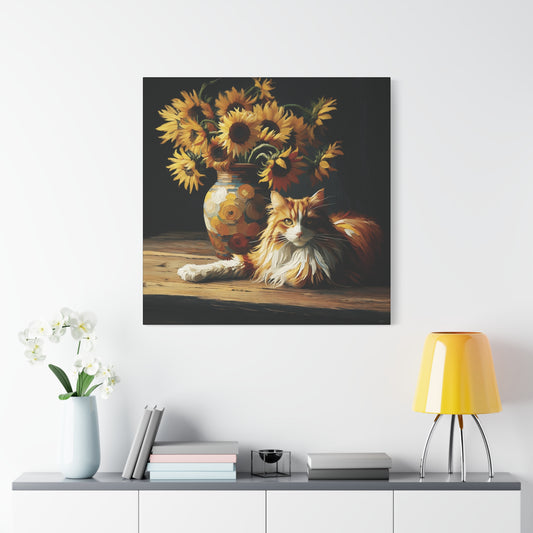 Canvas Wall Art - Orange and White Cat with Sunflowers Old Master Style Art