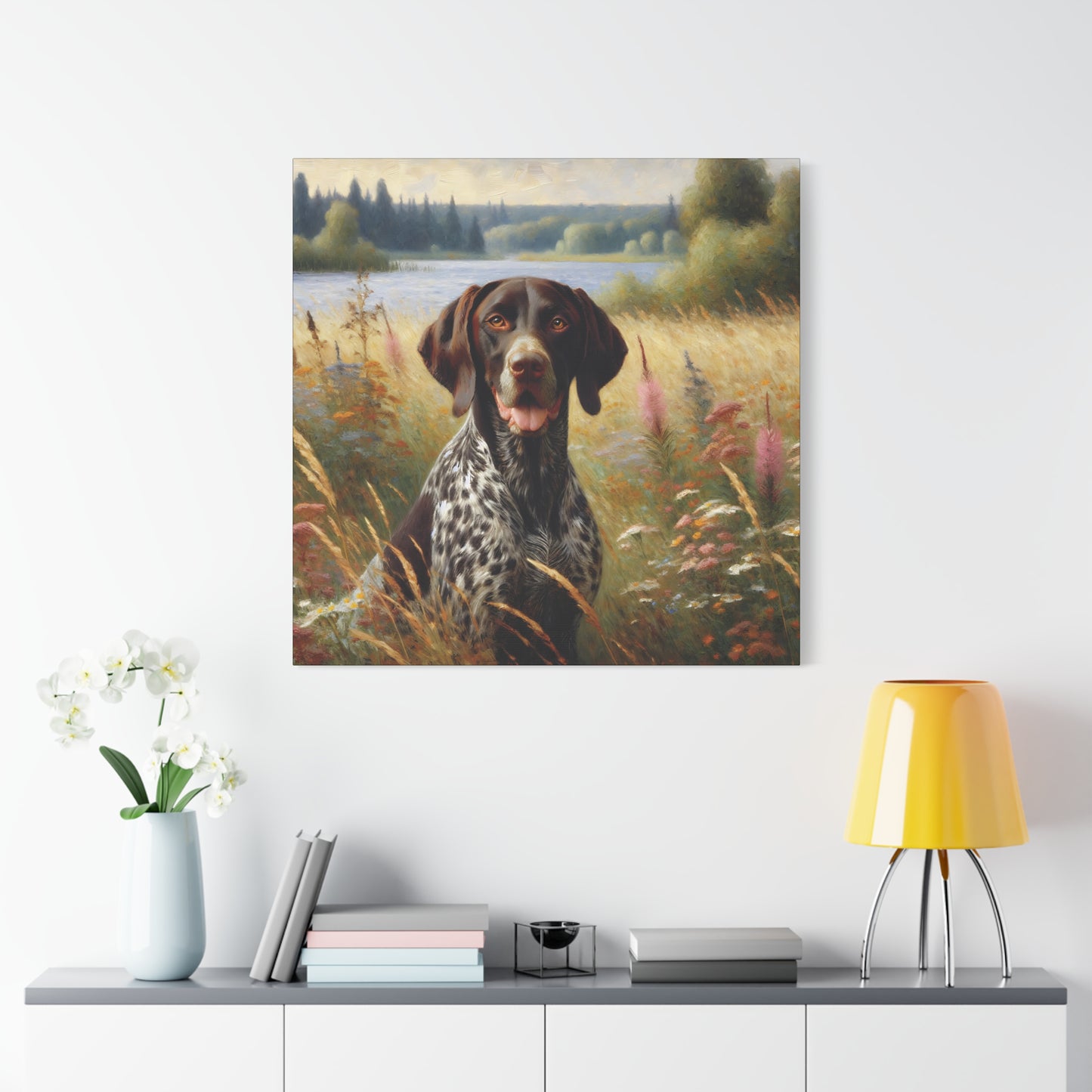 German Shorthaired Pointer by Lake, Canvas Wall Art in Impressionist Style