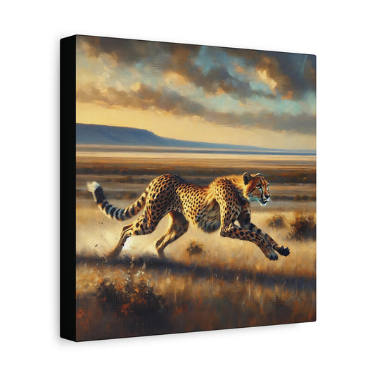 Canvas print of a cheetah running in a savannah with a dramatic sky.