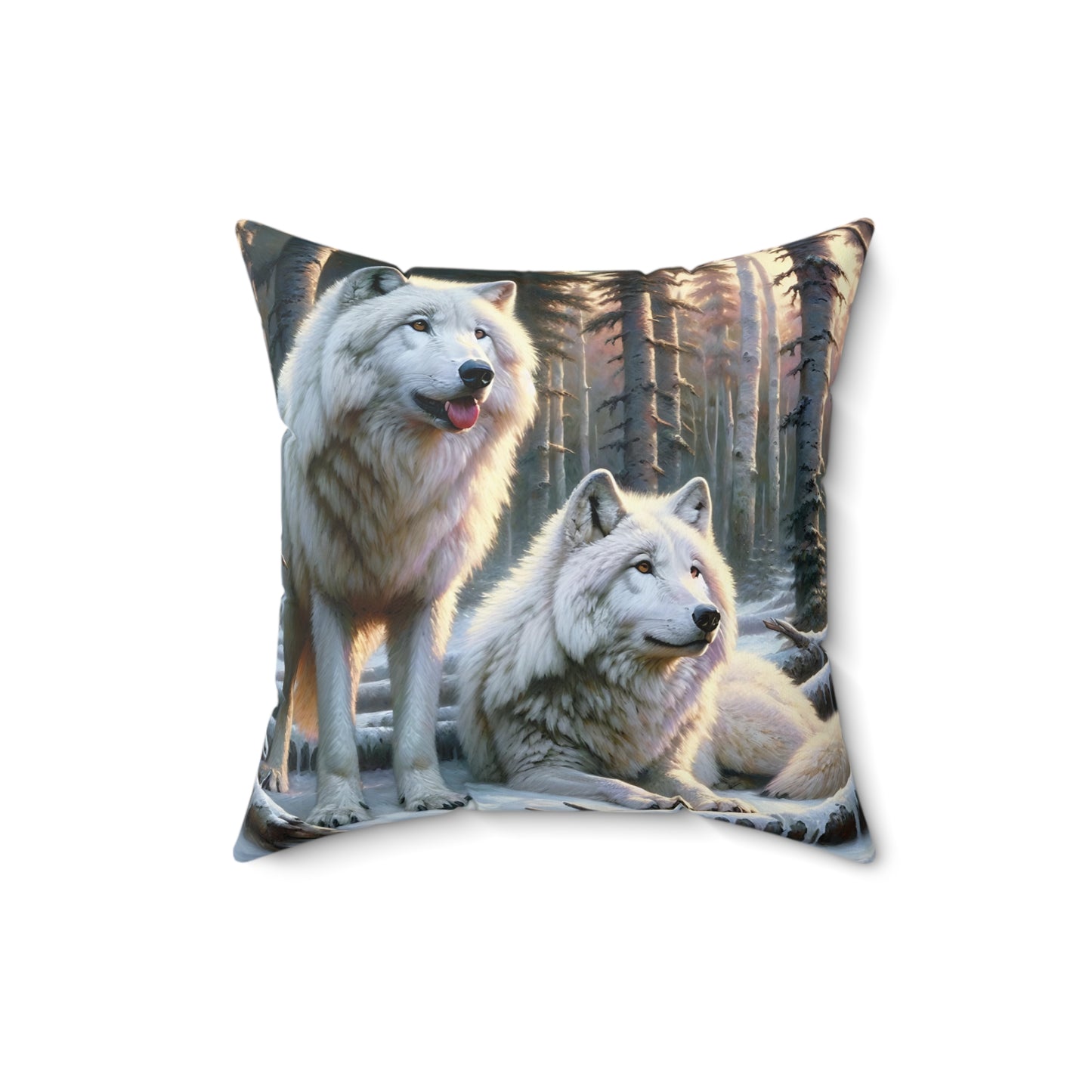 Wolf Pillow - Arctic Wolf Pair Impressionist Art on Square Pillow