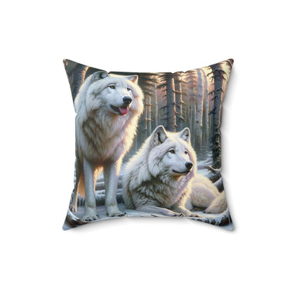 Wolf Pillow - Arctic Wolf Pair Impressionist Art on Square Pillow