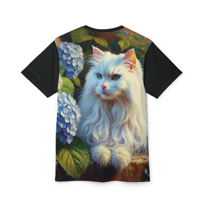White Cat with Hydrangeas Vibrant Art Tee | Colorful Unisex Cut & Sew T-Shirt, Cat Lover Apparel, Unique Graphic Tee, Birthday Gift