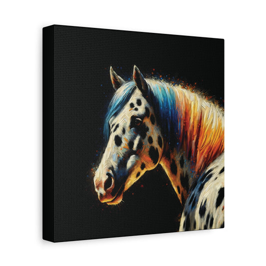 Canvas print of a colorful appaloosa horse portrait on a black background
