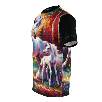 Unicorn Dad Meets Daughter Art Tee | Colorful Unisex Cut & Sew T-Shirt, Wildlife Apparel, Unique Graphic Tee