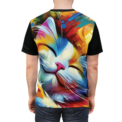 Happy Cat Dreams Vibrant Art Tee | Colorful Unisex Cut & Sew T-Shirt, Wildlife Apparel, Unique Graphic Tee, Birthday Gift