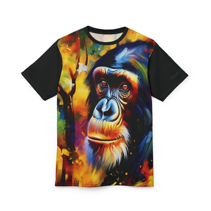 Curious Bonobo Vibrant Art Tee | Colorful Unisex Cut & Sew T-Shirt, Wildlife Apparel, Unique Graphic Tee, Birthday Gift
