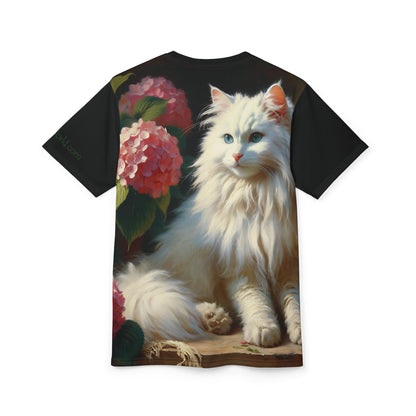 Blue-Eyed White Cat with Pink Hydrangeas Vibrant Art Tee | Colorful Unisex Cut & Sew T-Shirt, Wildlife Apparel, Unique Graphic Tee, Birthday Gift