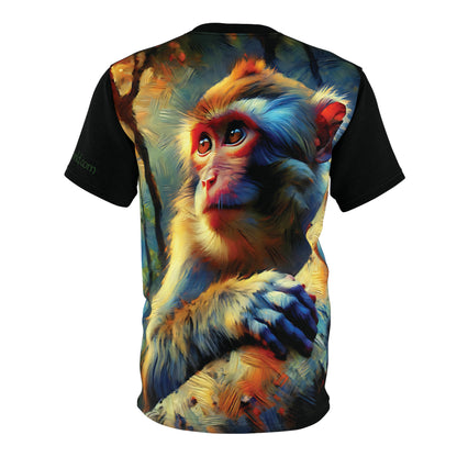 Monkey Vibrant Art Tee | Rhesus Macaque Colorful Unisex Cut & Sew T-Shirt, Wildlife Apparel, Unique Graphic Tee
