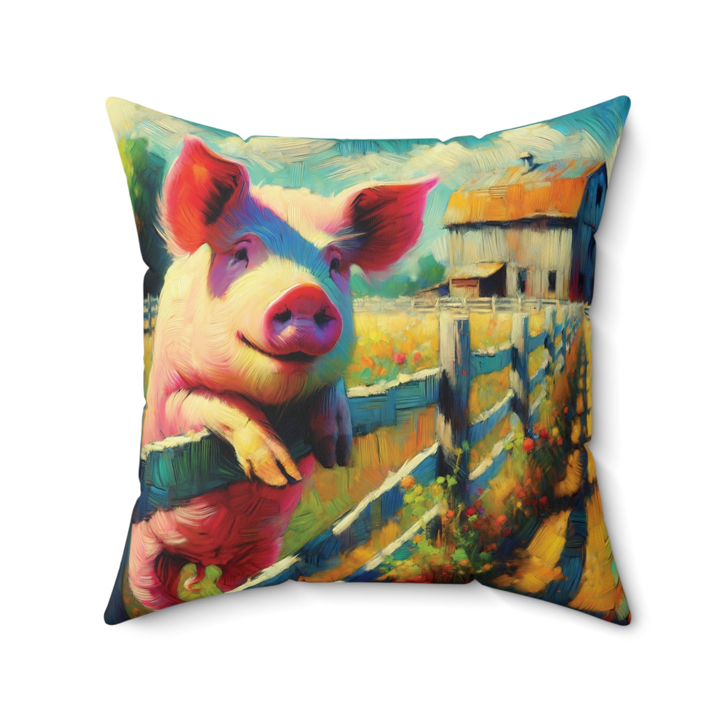 Colorful pillow with a pig design on the farm
