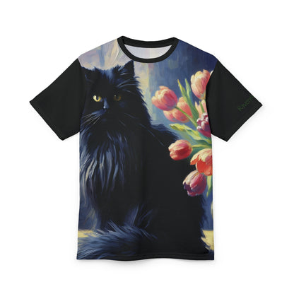 The Artist's Black Cat with Pink Tulips Vibrant Art Tee | Colorful Unisex Cut & Sew T-Shirt, Wildlife Apparel, Unique Graphic Tee, Birthday Gift