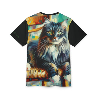 Longhaired Cat on Wooden Chair Vibrant Art Tee | Colorful Unisex Cut & Sew T-Shirt, Wildlife Apparel, Unique Graphic Tee, Birthday Gift