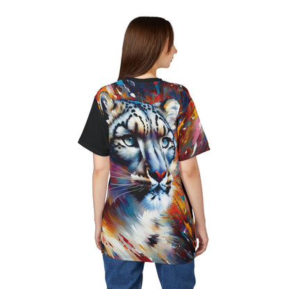 Colorful Snow Leopard Vibrant Art Tee | Colorful Unisex Cut & Sew T-Shirt, Wildlife Apparel, Unique Graphic Tee, Birthday Gift