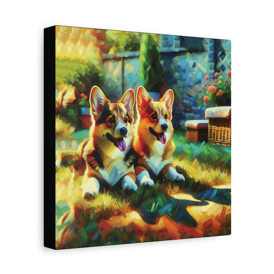 Canvas Print - Pembroke Corgi Pair Resting in Garden - Matte Stretched