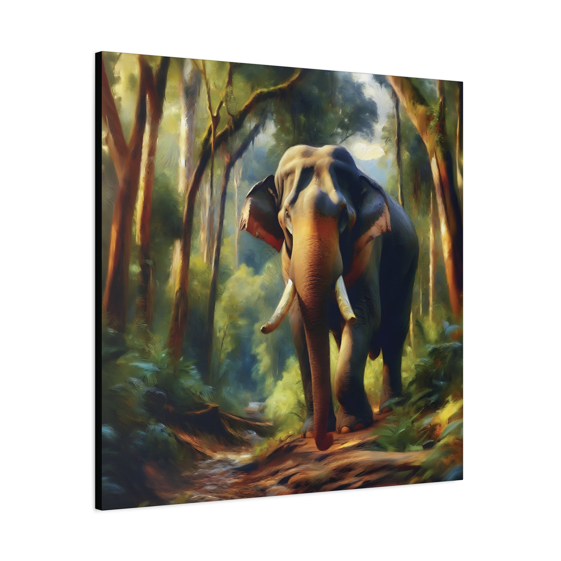 Painting of an elephant walking through a forest