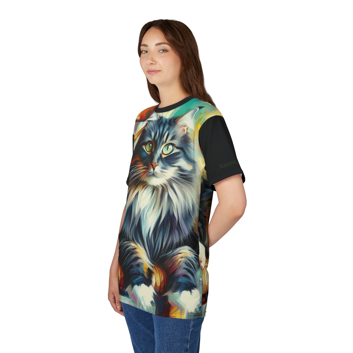 Longhaired Cat on Wooden Chair Vibrant Art Tee | Colorful Unisex Cut & Sew T-Shirt, Wildlife Apparel, Unique Graphic Tee, Birthday Gift