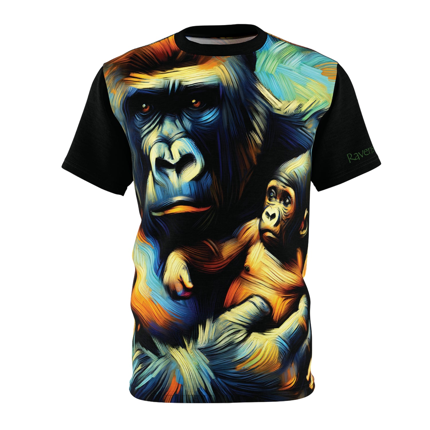 T-shirt with a colorful graphic of two gorillas on a black shirt