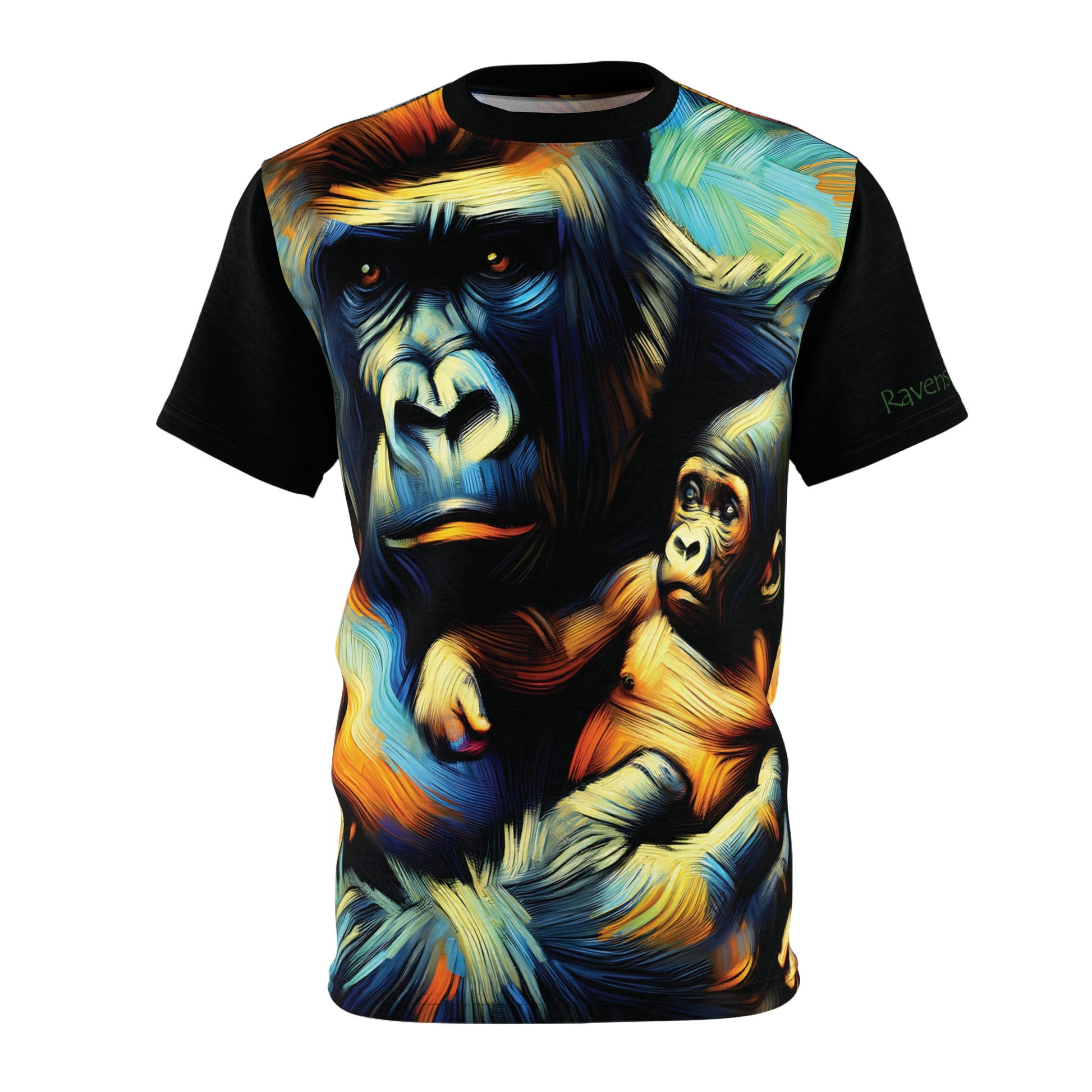 T-shirt with a colorful graphic of two gorillas on a black shirt