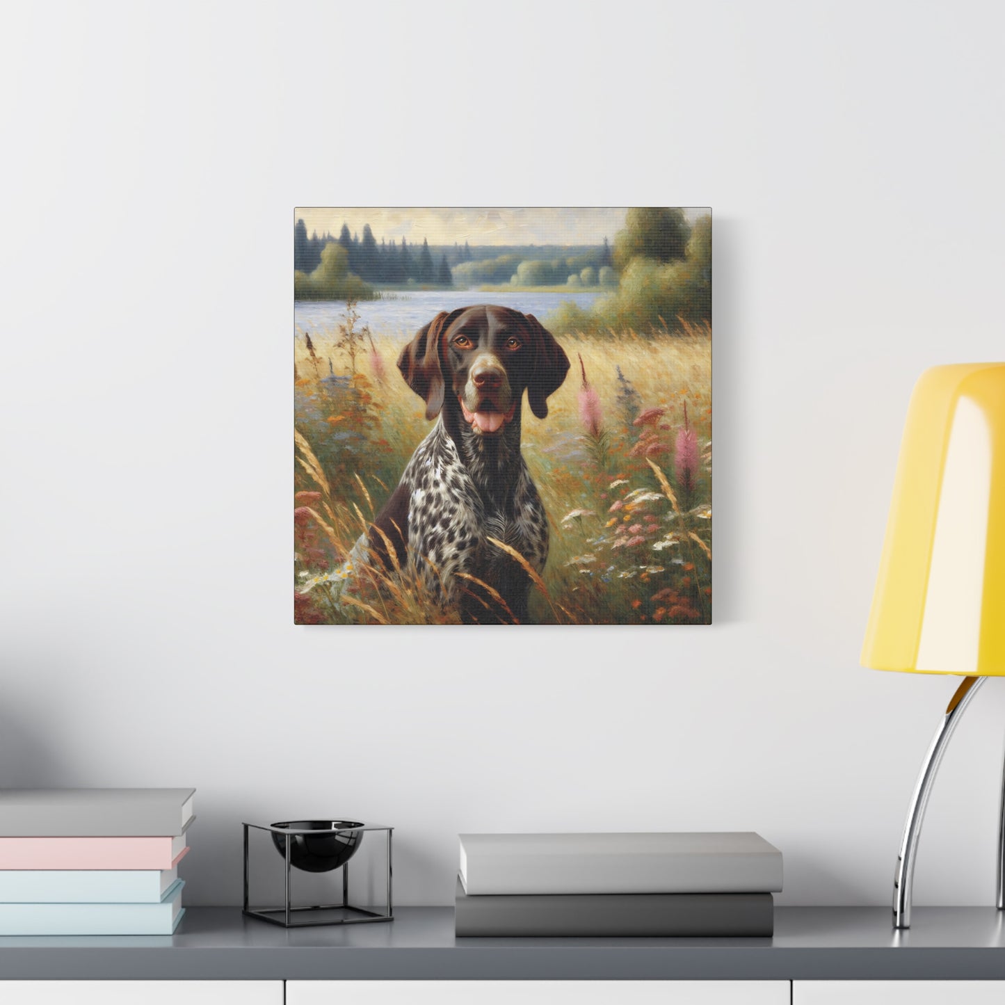 German Shorthaired Pointer by Lake, Canvas Wall Art in Impressionist Style