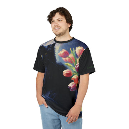 The Artist's Black Cat with Pink Tulips Vibrant Art Tee | Colorful Unisex Cut & Sew T-Shirt, Wildlife Apparel, Unique Graphic Tee, Birthday Gift