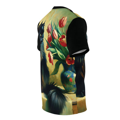 The Artist's Black Cat with Red Tulips Vibrant Art Tee | Colorful Unisex Cut & Sew T-Shirt, Wildlife Apparel, Unique Graphic Tee, Birthday Gift