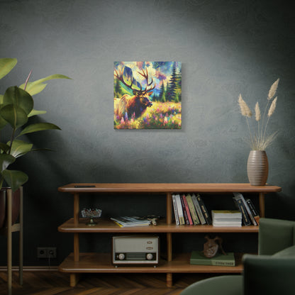 Bull Elk in Mountain Meadow Impressionist Canvas Art Print