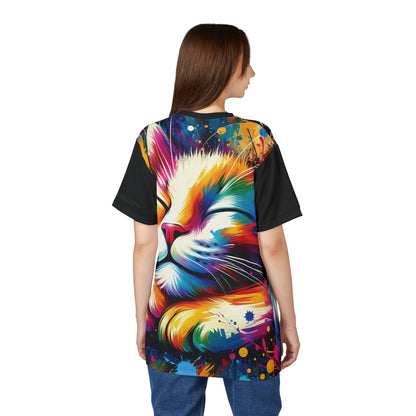 Contented Cat Vibrant Art Tee | Colorful Unisex Cut & Sew T-Shirt, Wildlife Apparel, Unique Graphic Tee, Birthday Gift