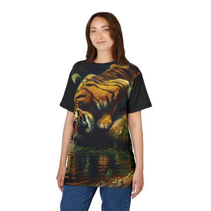 Tiger Drinking Vibrant Art Tee | Colorful Unisex Cut & Sew T-Shirt, Wildlife Apparel, Unique Graphic Tee, Birthday Gift