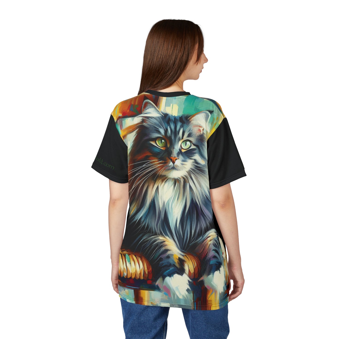Longhaired Cat on Wooden Chair Vibrant Art Tee | Colorful Unisex Cut & Sew T-Shirt, Wildlife Apparel, Unique Graphic Tee, Birthday Gift