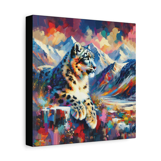 Canvas print of a snow leopard in a mountainous landscape with vibrant colors.