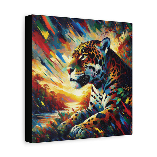 Canvas print of a colorful leopard painting with vibrant colors and a black border.