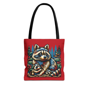 Woodcut Raccoon and Kits Tote Bag